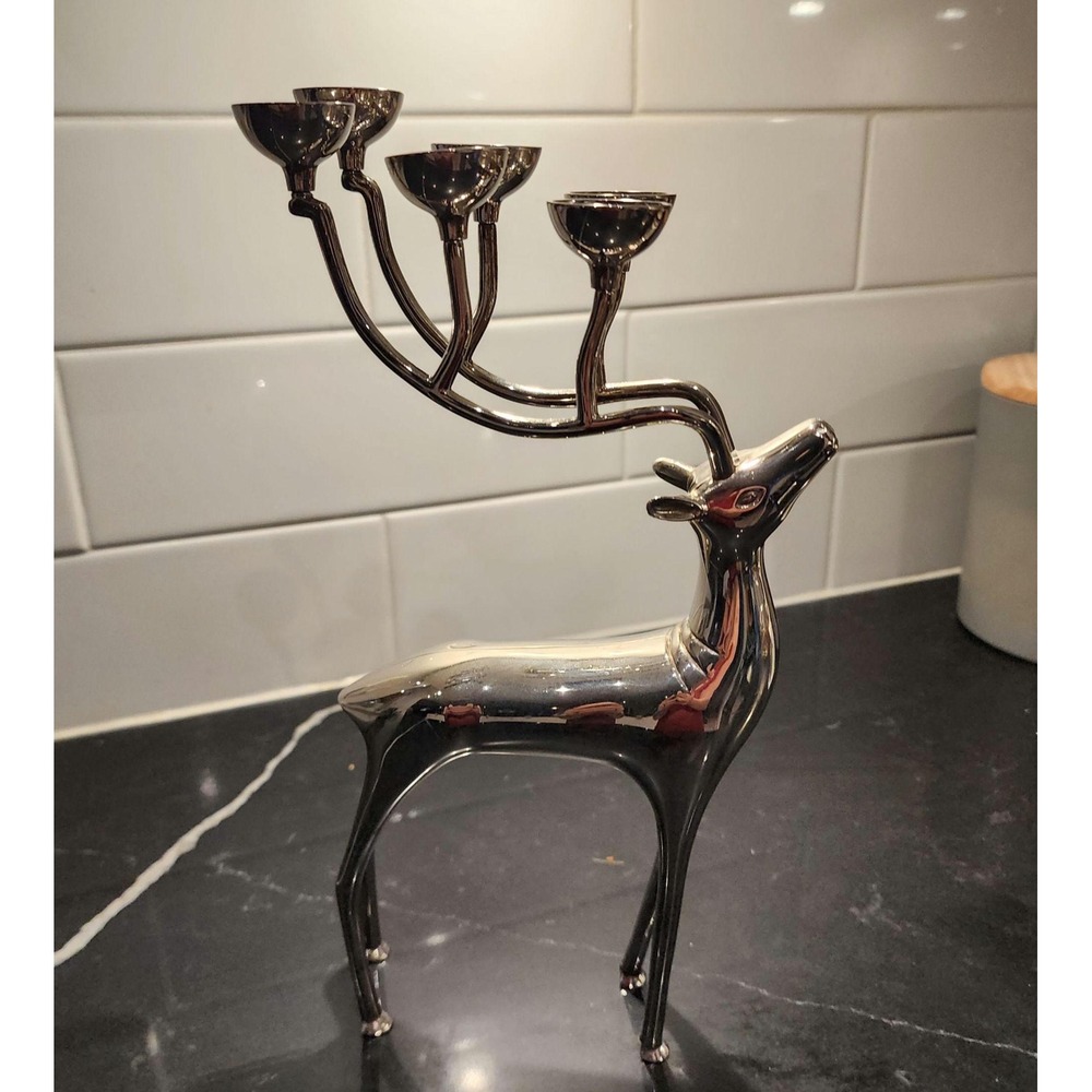 Vintage 6-Arm Silver Reindeer Candelabra Stag Taper Candle Holder Modern Holiday